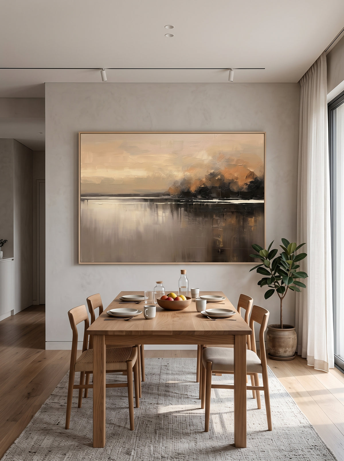 Large horizontal textured autumn lake wall art displayed on a minimalist open-concept dining room wall