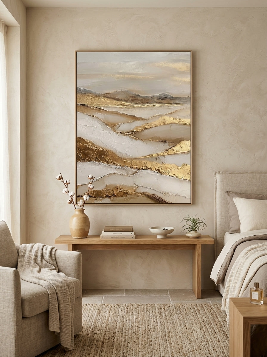 Soothing neutral earth tone textured canvas artwork hanging above a contemporary Japandi bedroom headboard