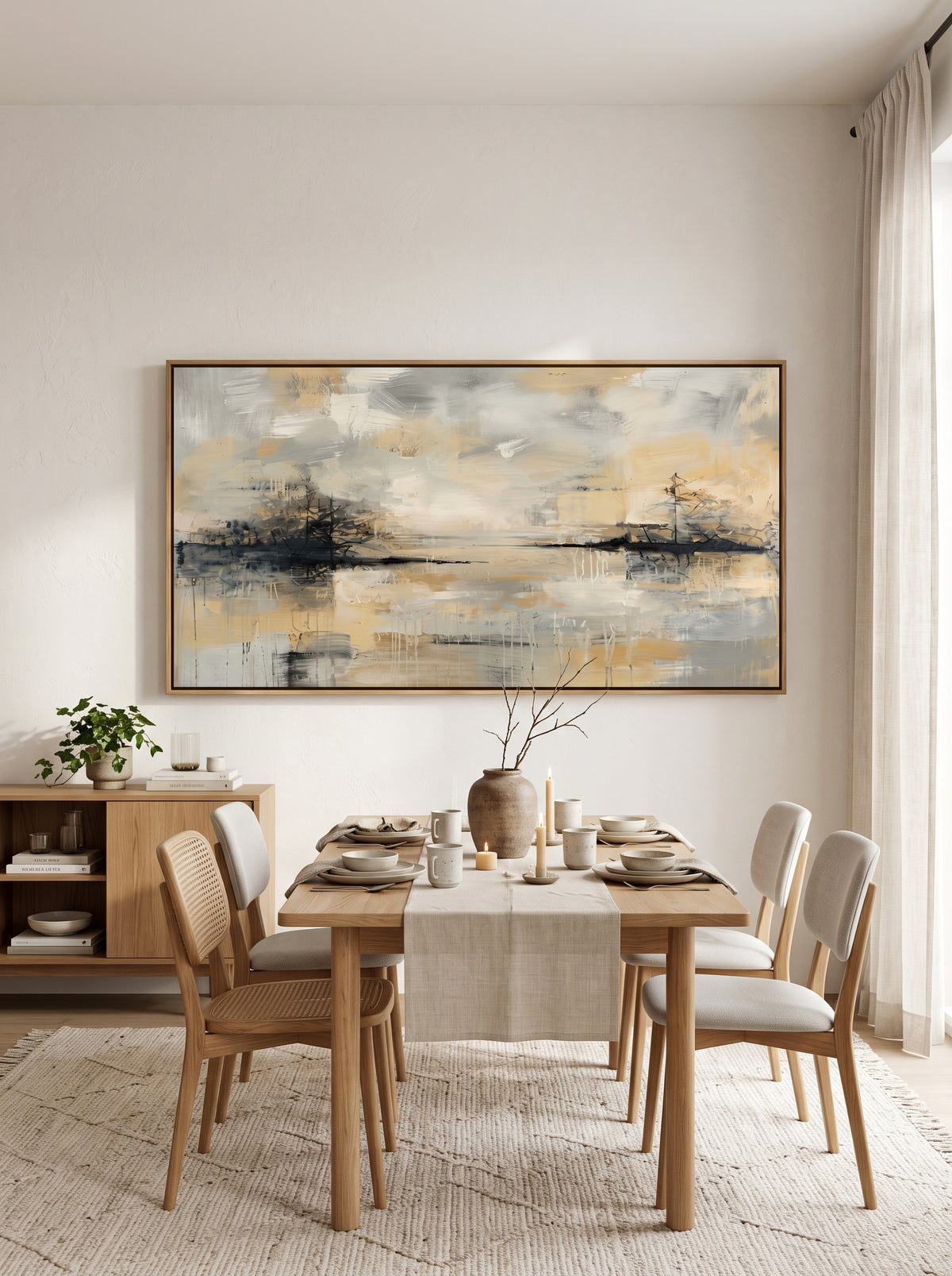 Framed horizontal textured lake view painting displayed in modern open-concept dining room with wood furniture