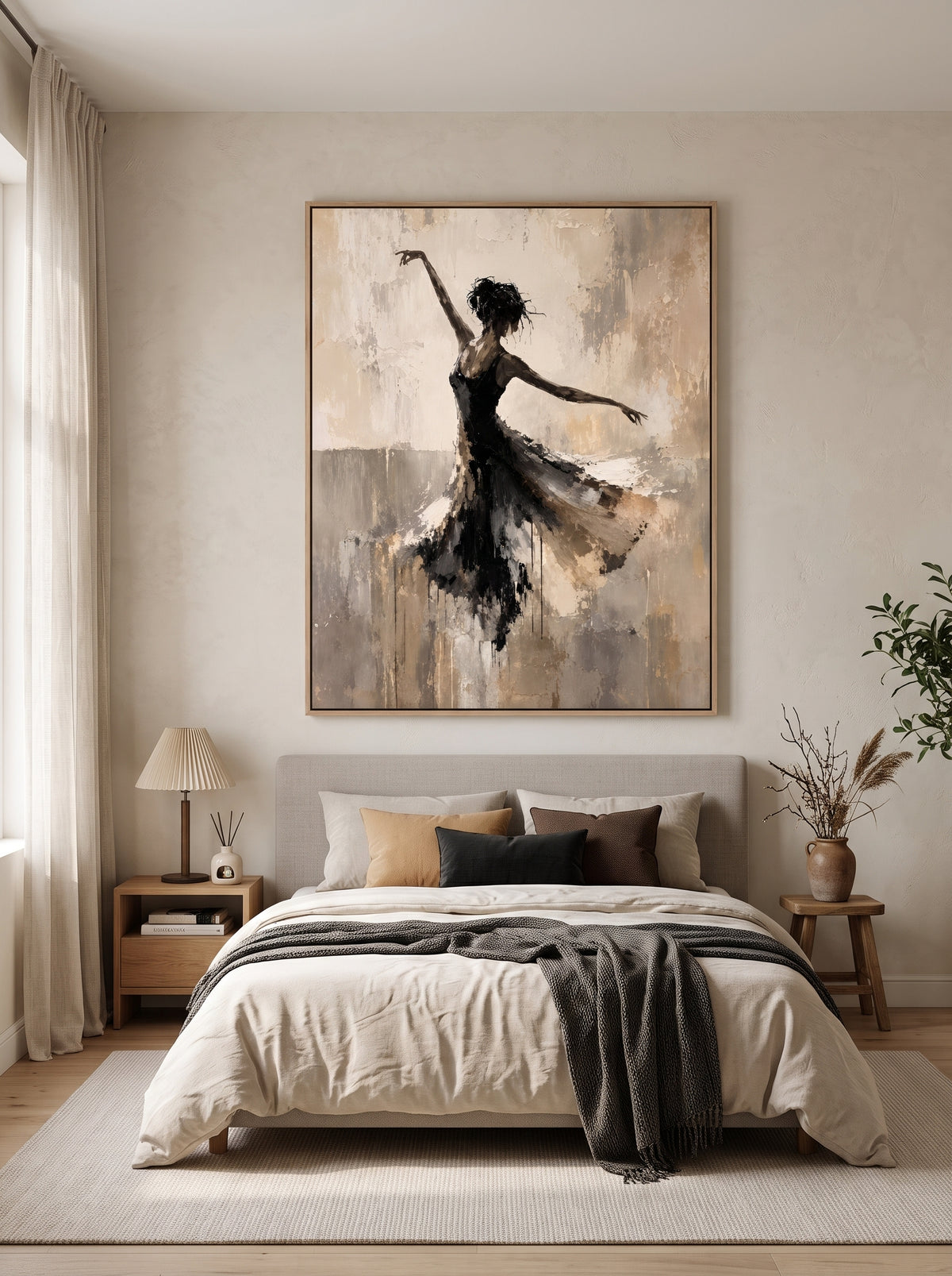 Textured ballet dancer wall art with a flowing black dress displayed in an elegant neutral bedroom.
