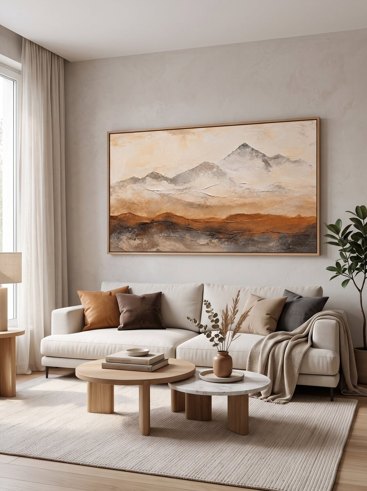Textured abstract mountain landscape painting displayed above a sofa in a warm neutral modern living room.