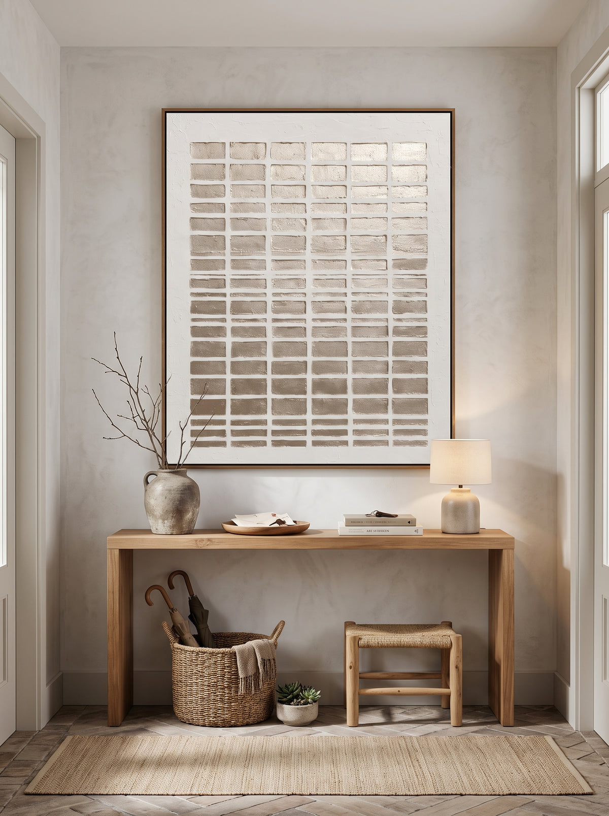 Architectural gold relief canvas painting hung above minimalist console table in modern Japandi entryway