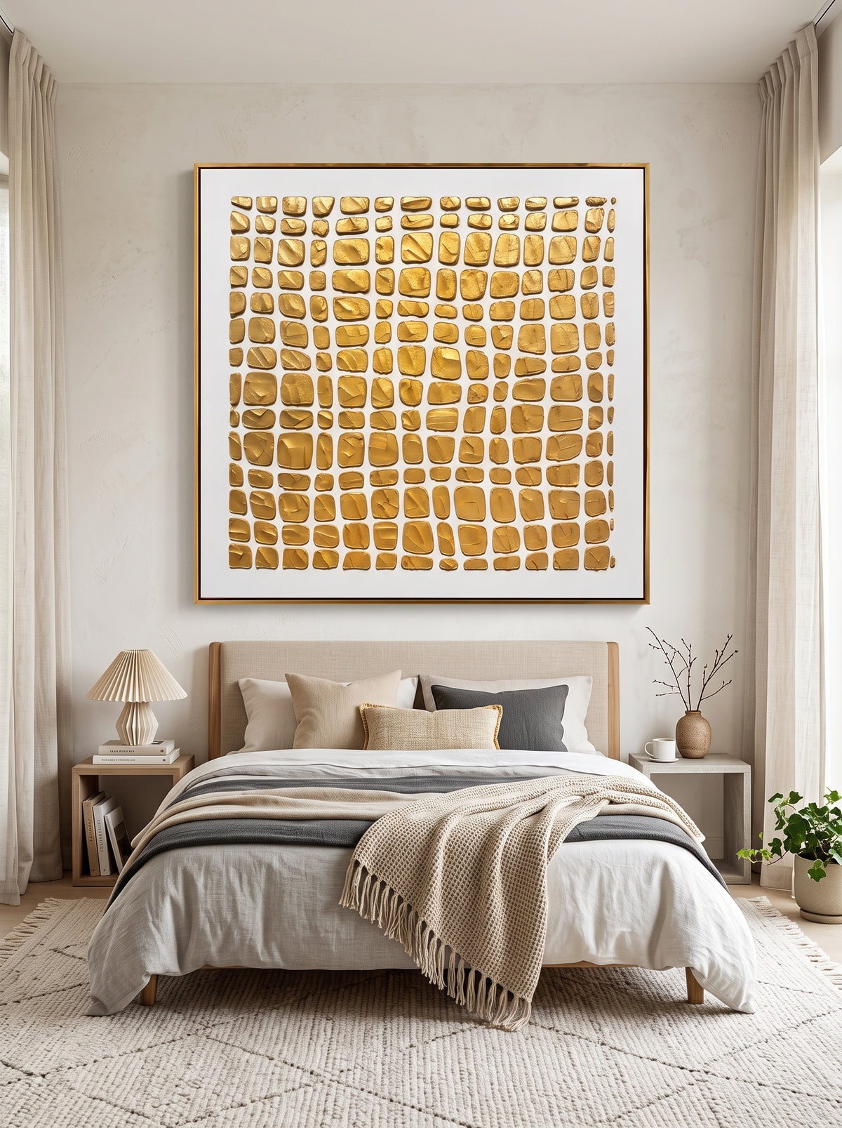 Tactile gold pebble relief artwork by Eliot Vermeer hanging above bed in serene contemporary bedroom