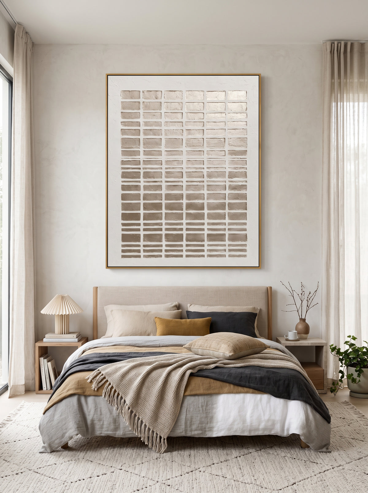 Tactile champagne gold and plaster white geometric wall art by Eliot Vermeer hanging in neutral bedroom