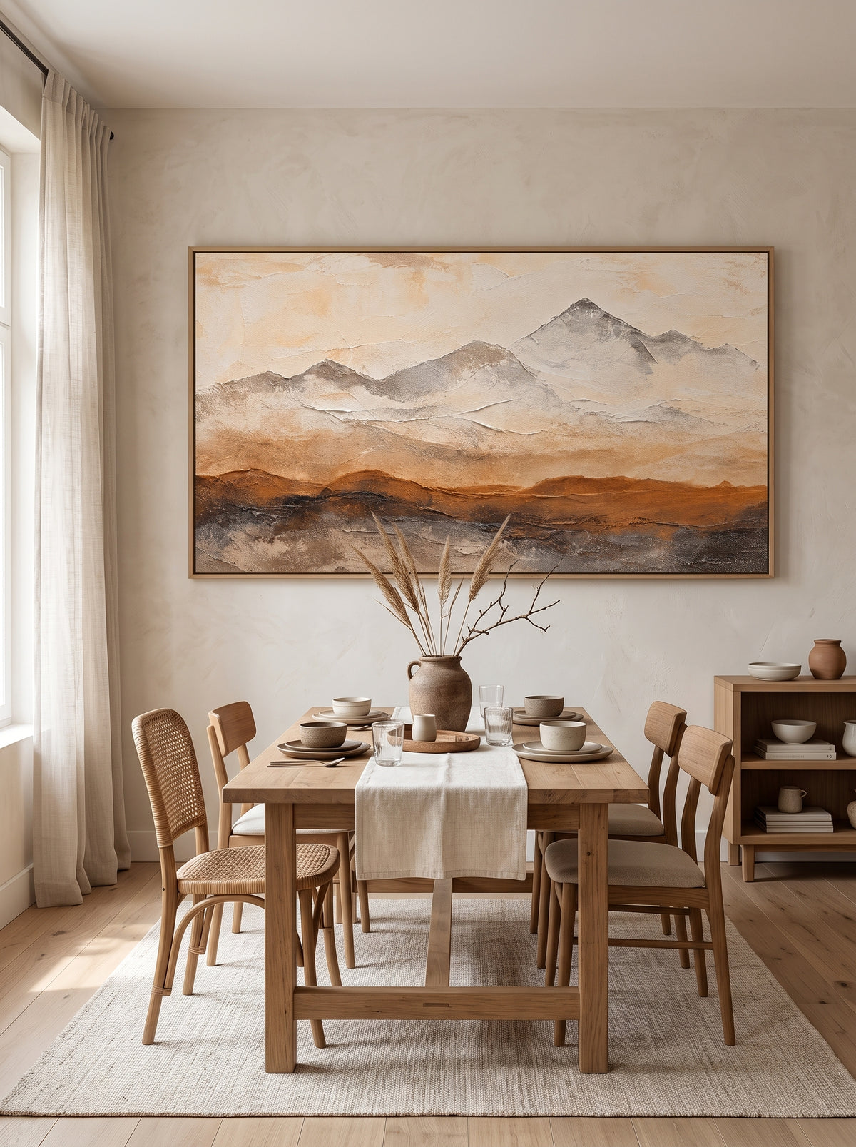 Hand-painted textured mountain landscape wall art displayed in a neutral open-plan dining room.