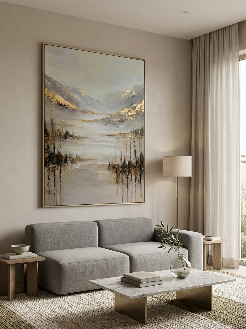 Vertical textured mountain landscape painting with gold foil accents above a neutral modern living room sofa