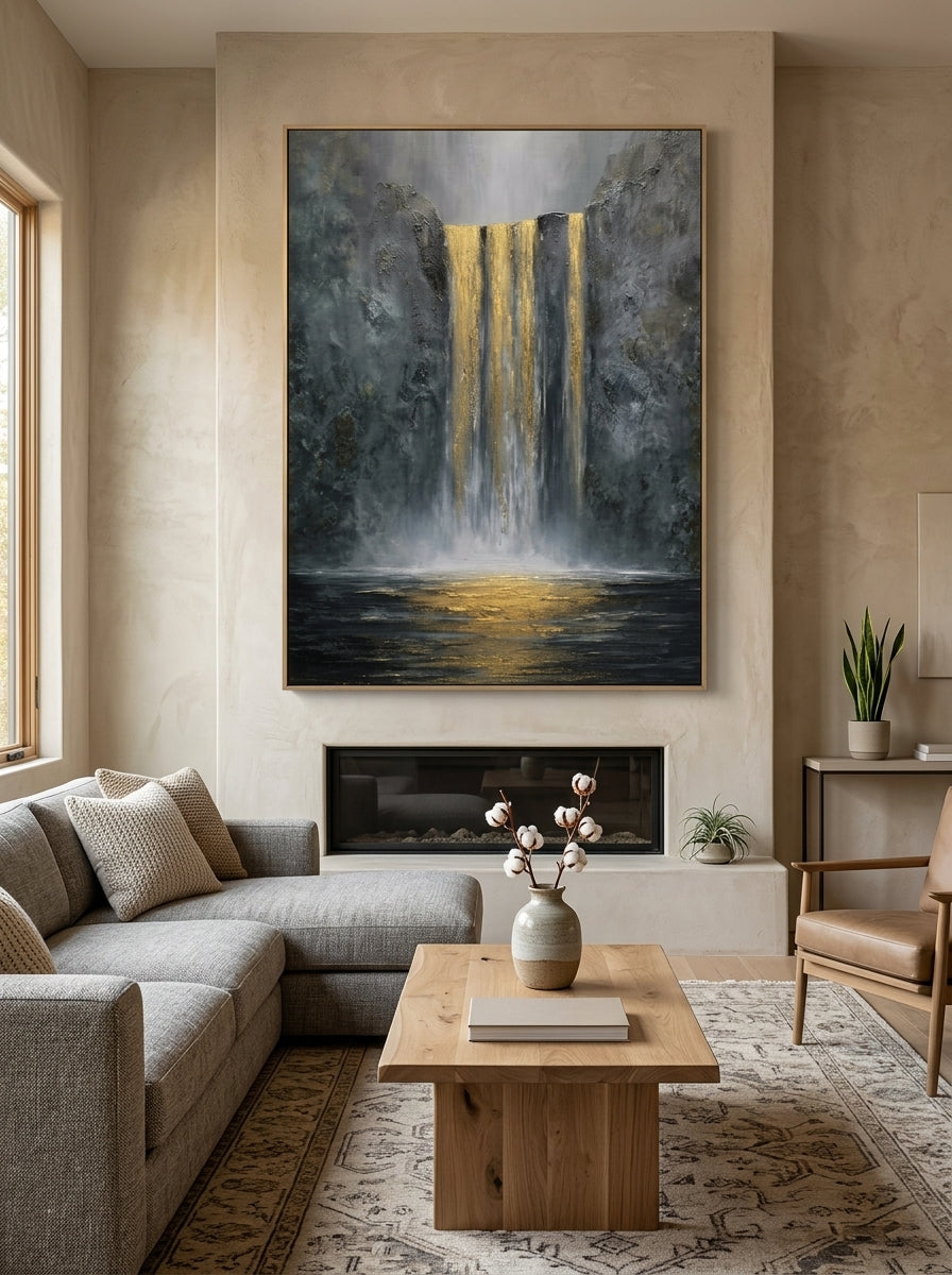 Vertical textured waterfall canvas painting with gold leaf accents mounted above a modern neutral sofa