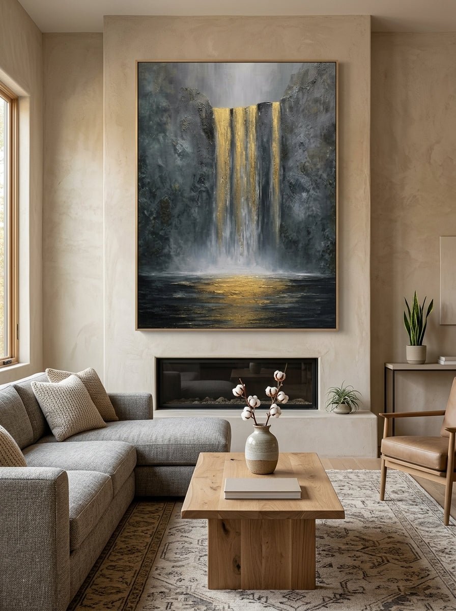 Vertical textured waterfall canvas painting with gold leaf accents mounted above a modern neutral sofa
