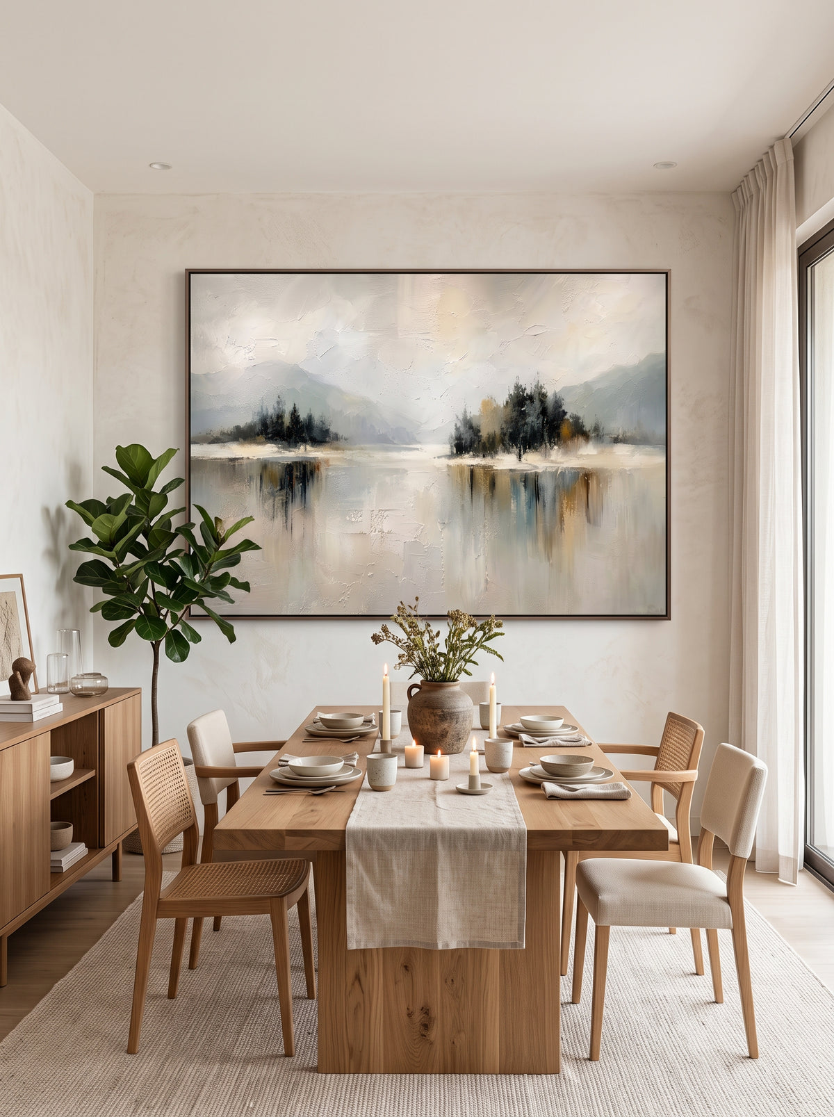 Contemporary framed lakeside forest oil painting displayed in open-concept dining room with natural wood accents