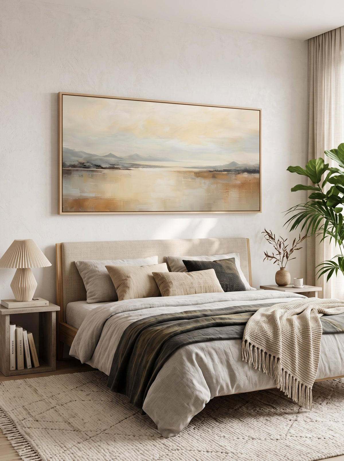 Calming golden sunrise lake wall art by Evelyn Li hanging above bed in organic modern bedroom