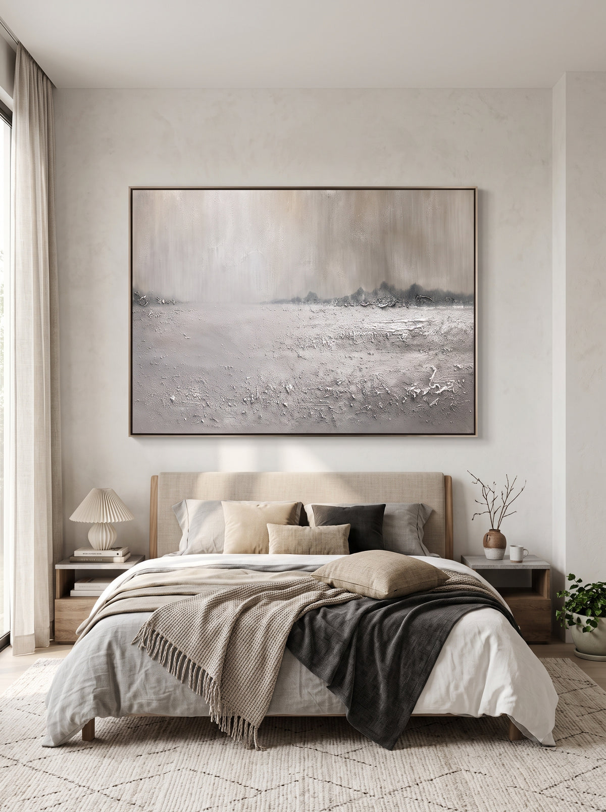 Calming textured snow meadow artwork by Evelyn Li hanging above bed in serene wabi-sabi bedroom