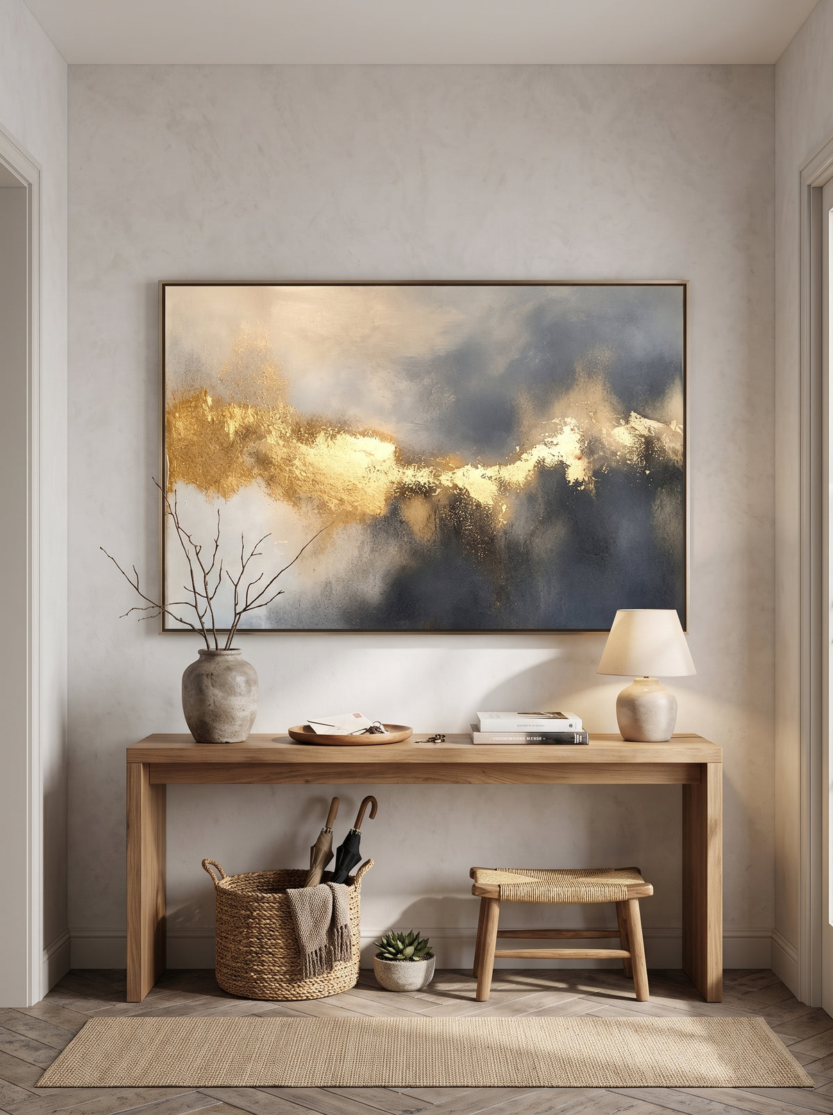 Dramatic gold and charcoal cloud canvas artwork mounted above modern console table in entryway