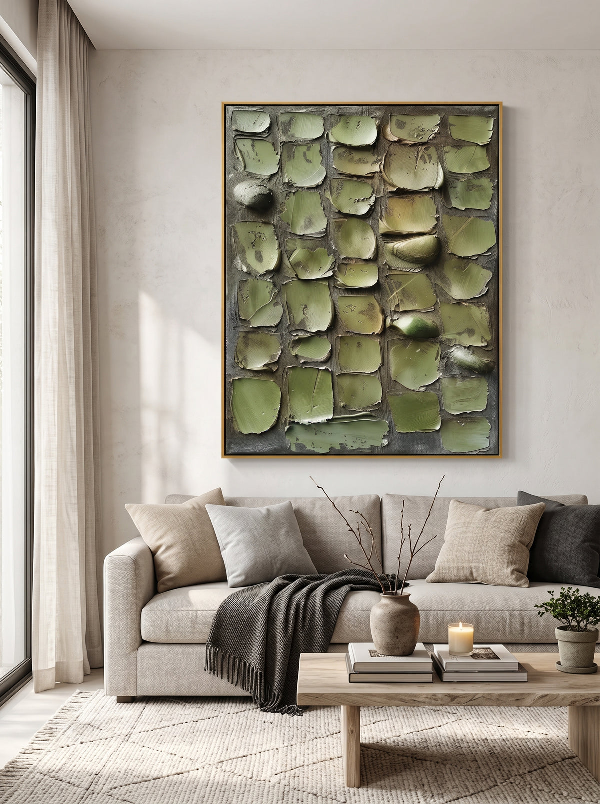 Vertical olive green 3D impasto textured canvas wall art displayed next to modern sofa in minimalist living room