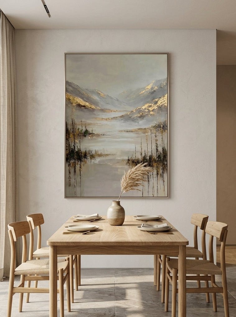 Large vertical warm neutral landscape canvas art styled on a contemporary open dining room wall