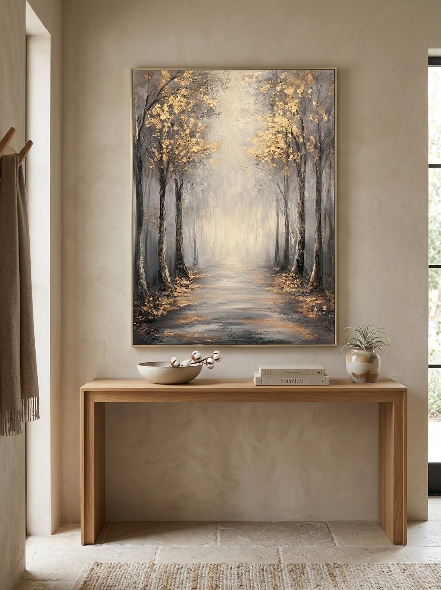 Framed textured golden woodland path painting placed over a modern wooden console table in an entryway