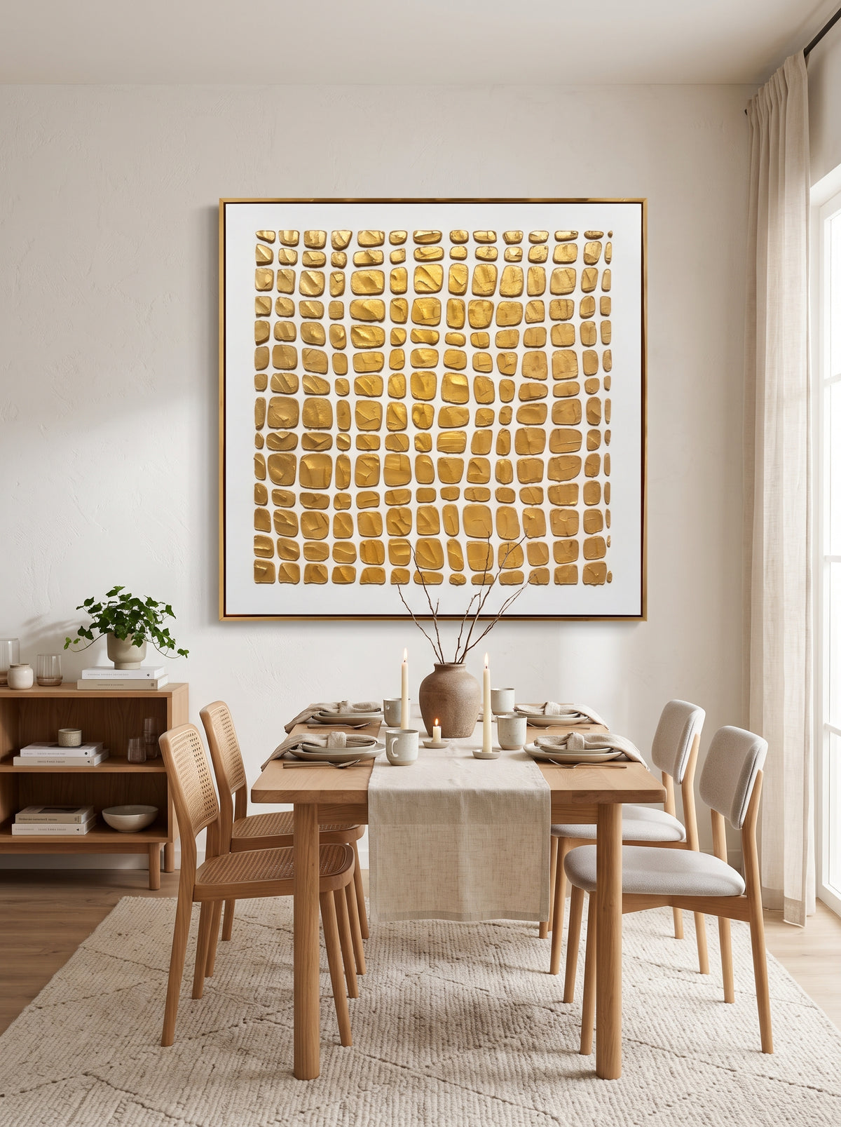 Framed 3D impasto gold block painting displayed in modern open-concept dining room with wood dining table