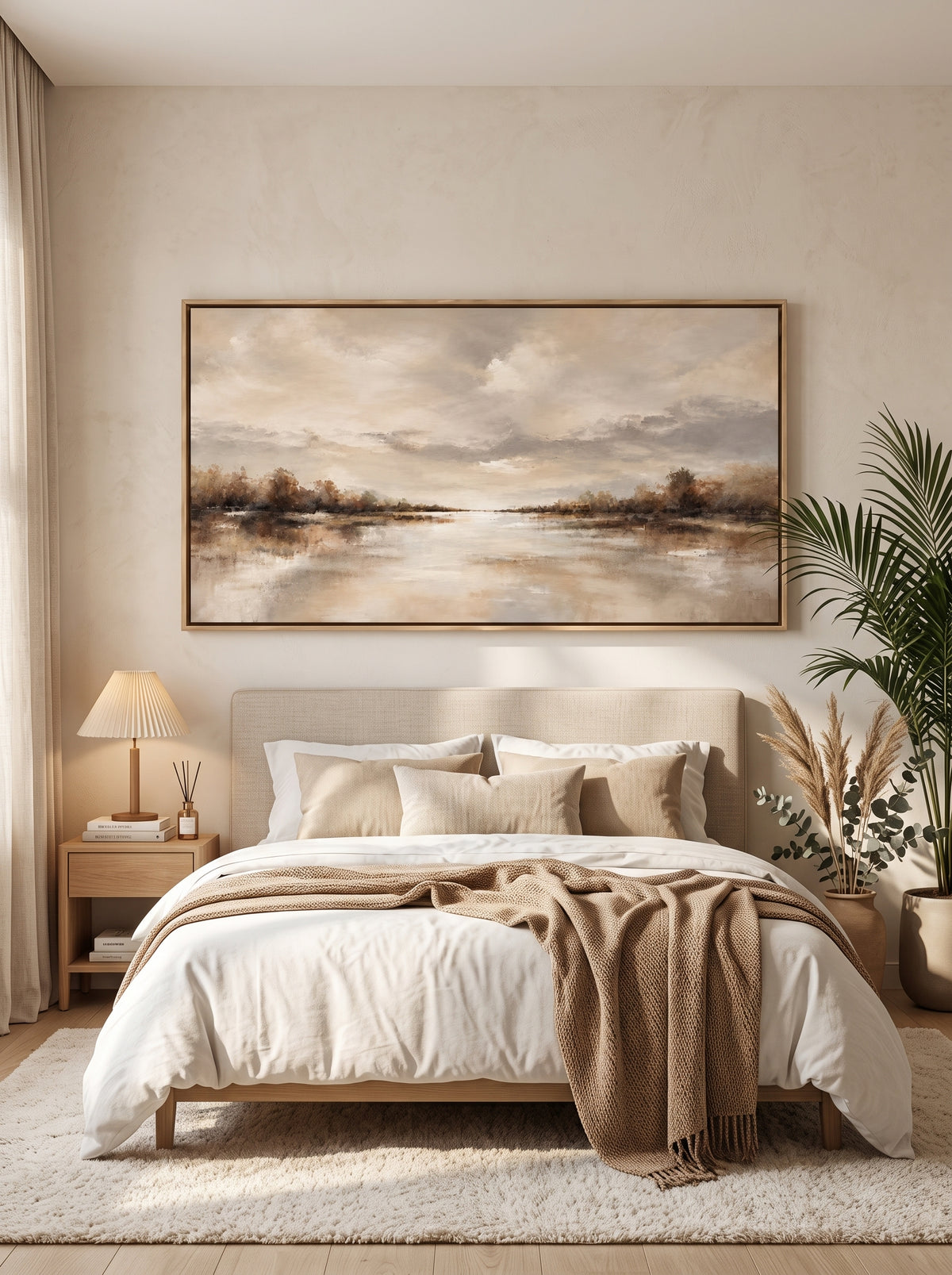 Calming neutral misty water and sky horizon artwork by Evelyn Li hanging above bed in serene bedroom