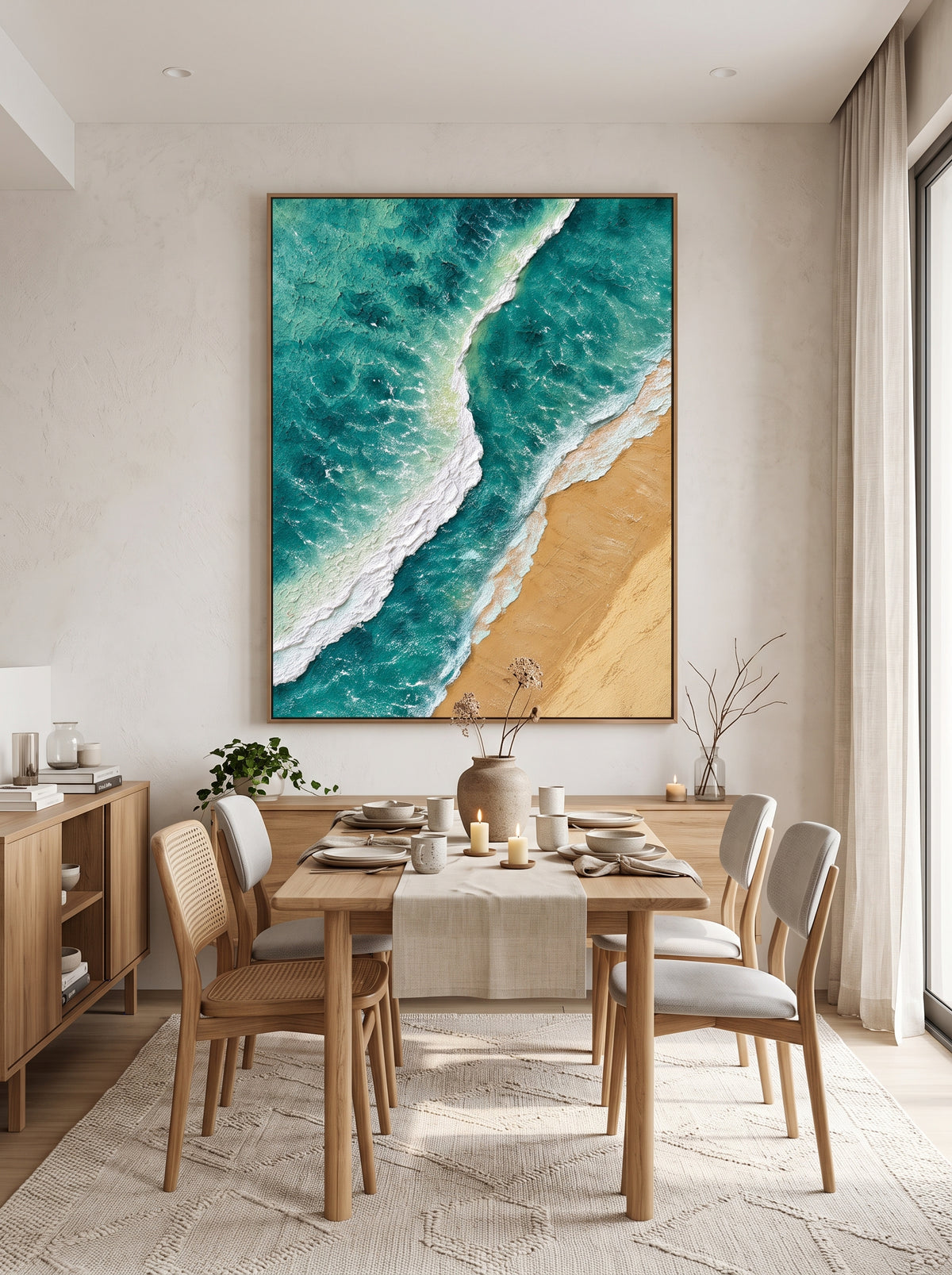 Framed aerial beach and ocean wave oil painting displayed in airy dining room with light oak furniture