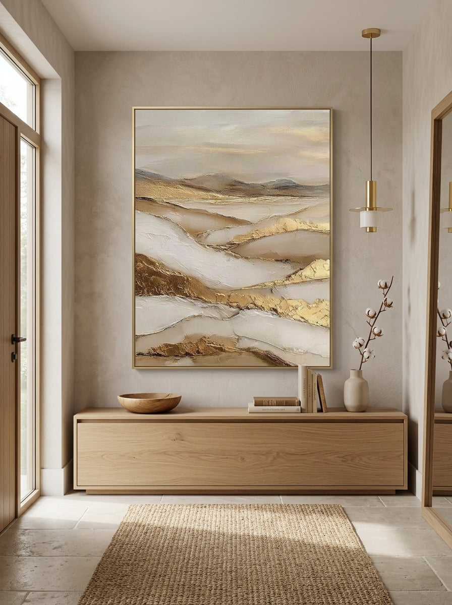 Framed textured golden mountain landscape art displayed above a minimalist wooden entryway console table