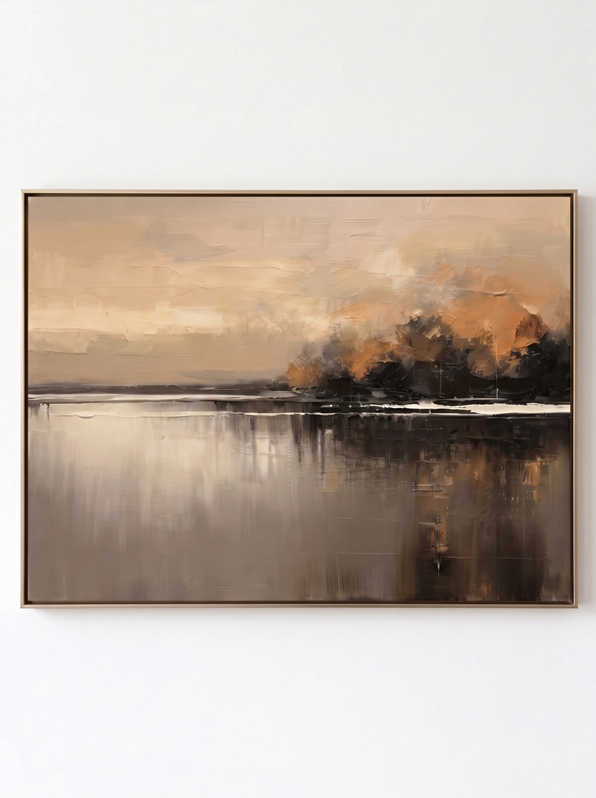 Wabi-Sabi horizontal autumn twilight waterscape hand-painted textured canvas art by Evelyn Li in floating frame