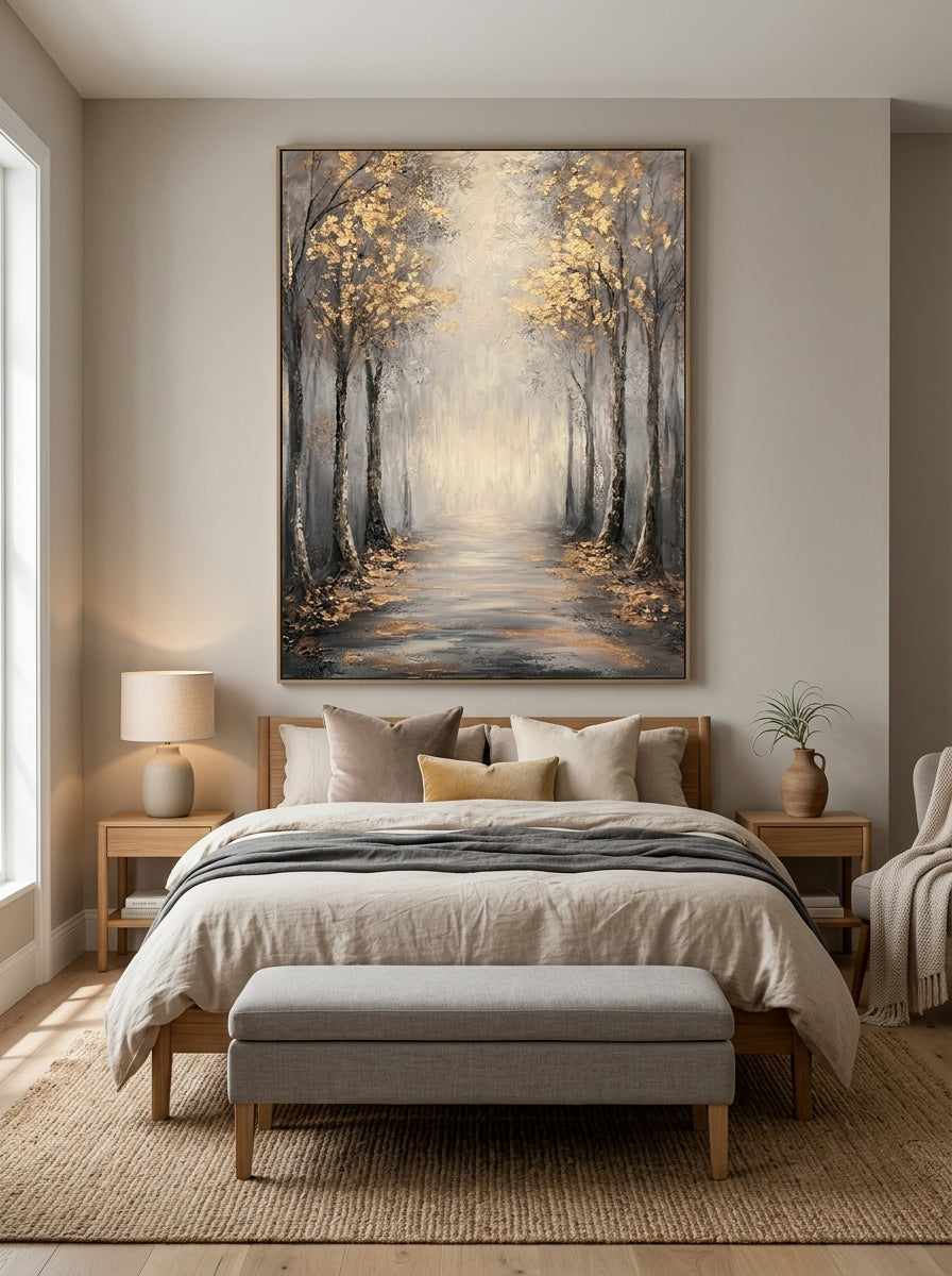 Serene misty autumn tree path canvas artwork hanging above a contemporary Japandi bedroom headboard