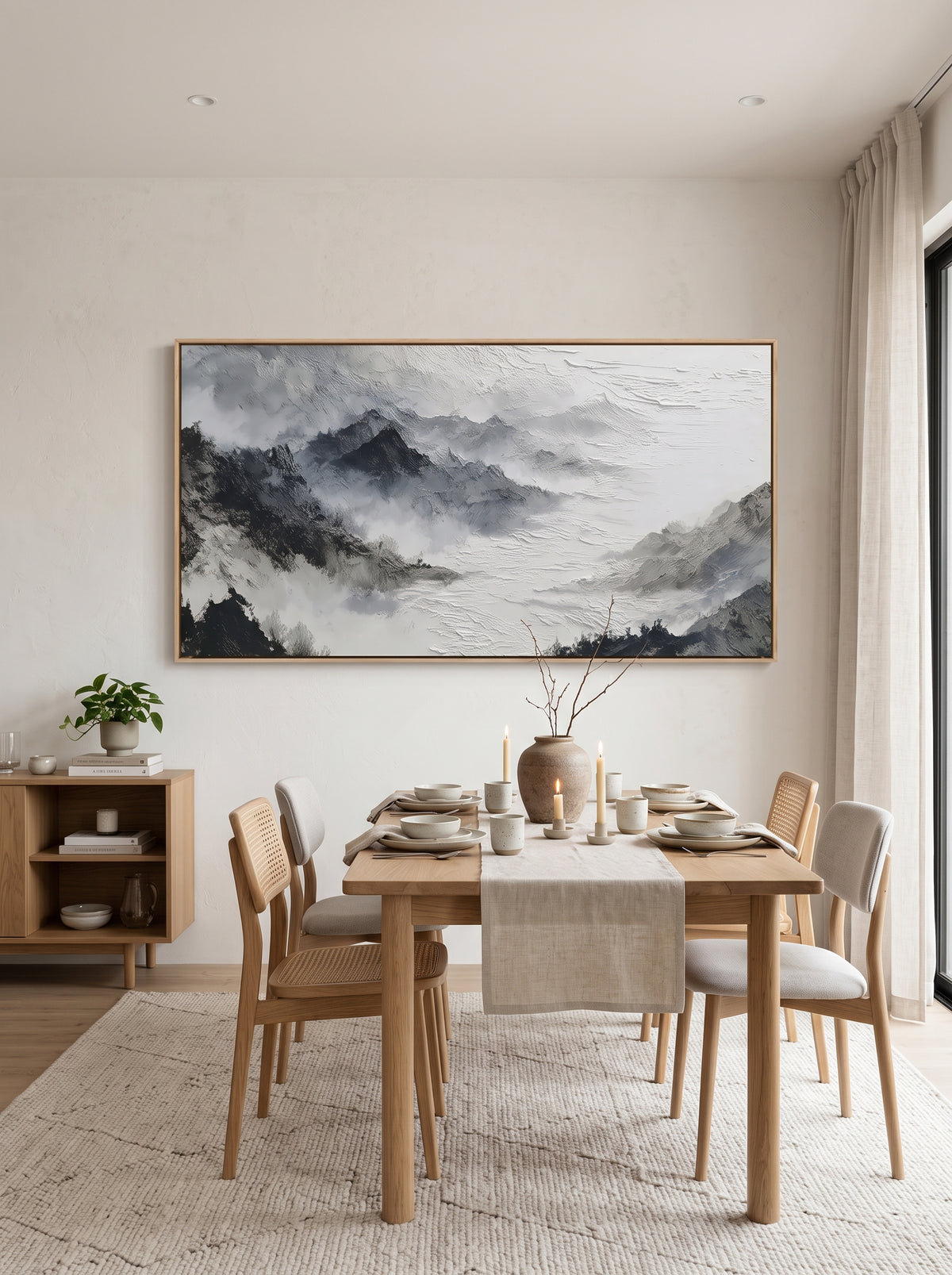 Framed panoramic wabi-sabi mountain peak artwork displayed in neutral open-concept dining room