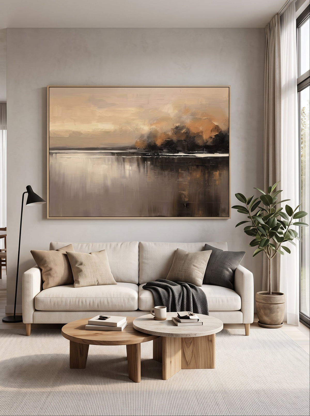 Oversized horizontal warm amber and brown lake landscape painting mounted above a modern neutral sofa