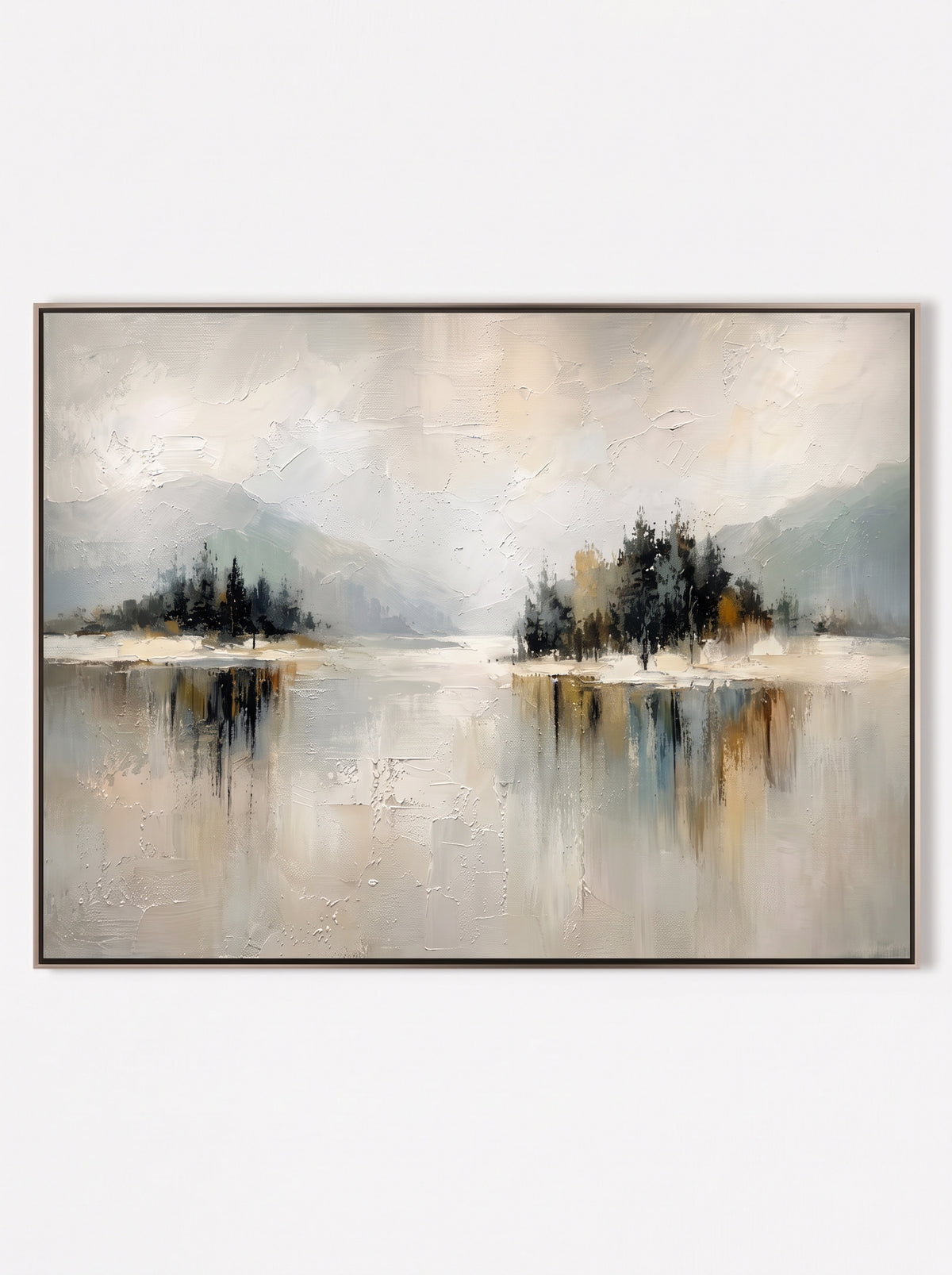 Textured misty lake landscape oil painting on canvas by Evelyn Li with heavy impasto finish - WABI Wall Art