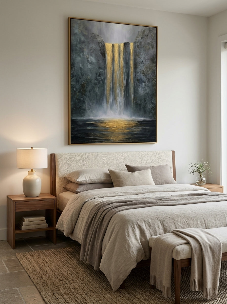 Serene dark grey and gold waterfall landscape artwork hanging above a contemporary Japandi bedroom headboard