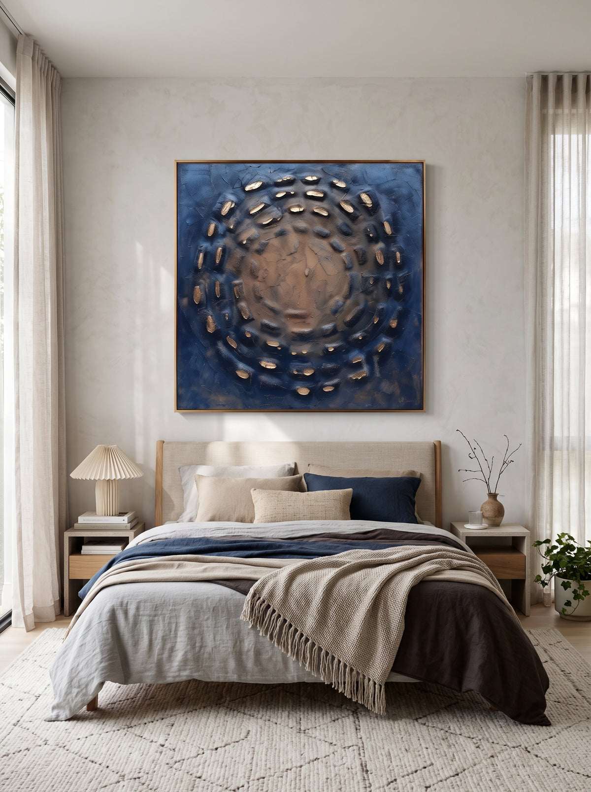 Calming organic concentric circle wall art by Eliot Vermeer displayed above bed in zen wabi-sabi bedroom