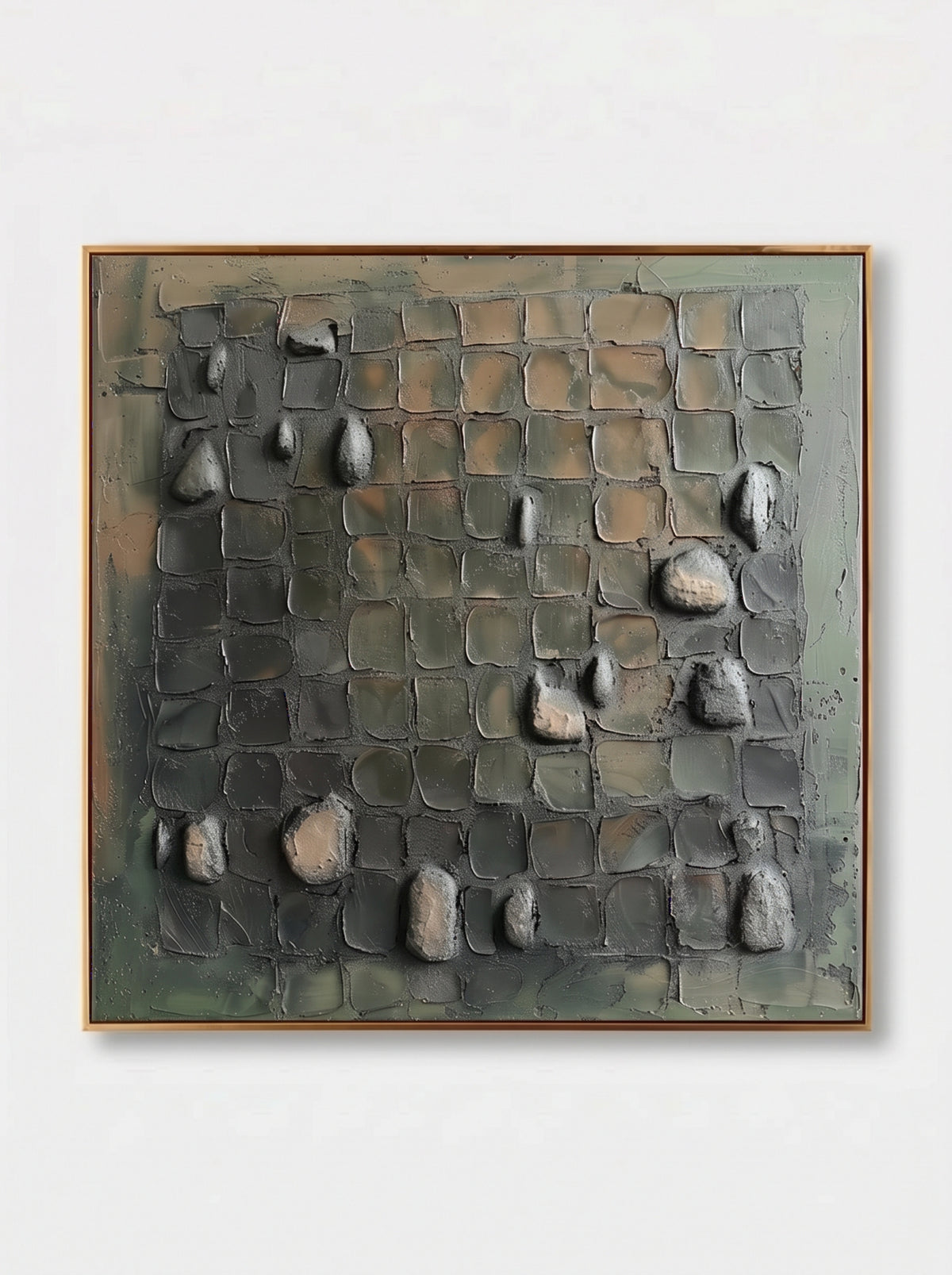 Textured wabi-sabi square canvas wall art with 3D stone grid relief by Eliot Vermeer - WABI Wall Art