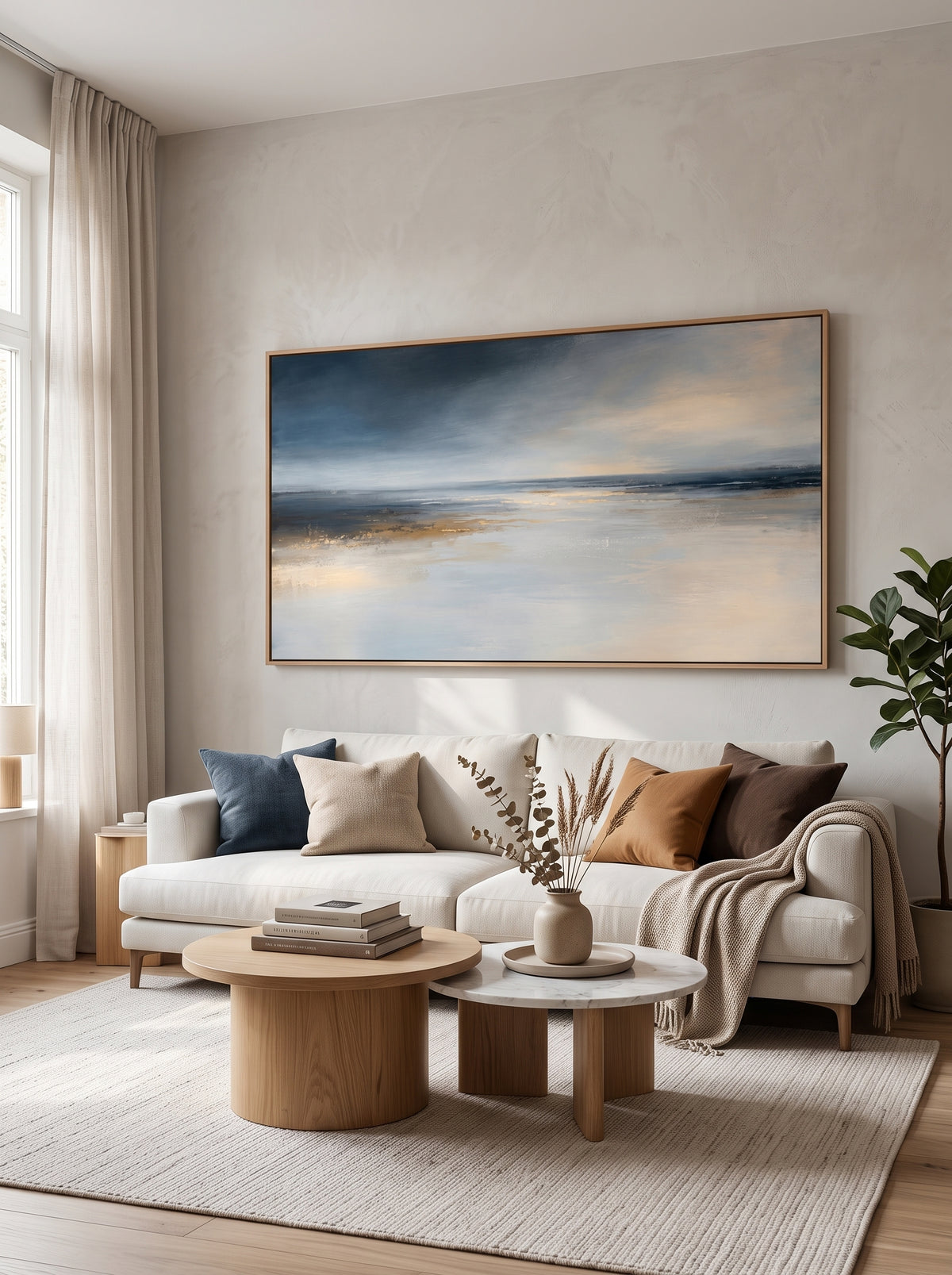 Large panoramic deep navy and gold ocean horizon canvas wall art above modern sofa in minimalist living room