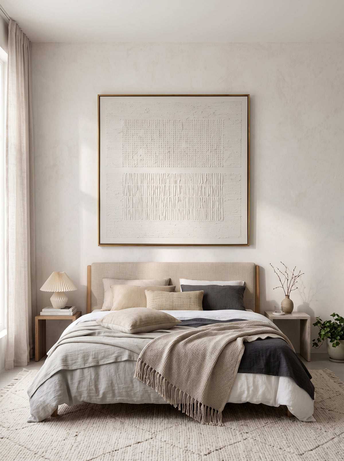 All-white 3D textured plaster artwork by Eliot Vermeer displayed above bed in tranquil neutral bedroom