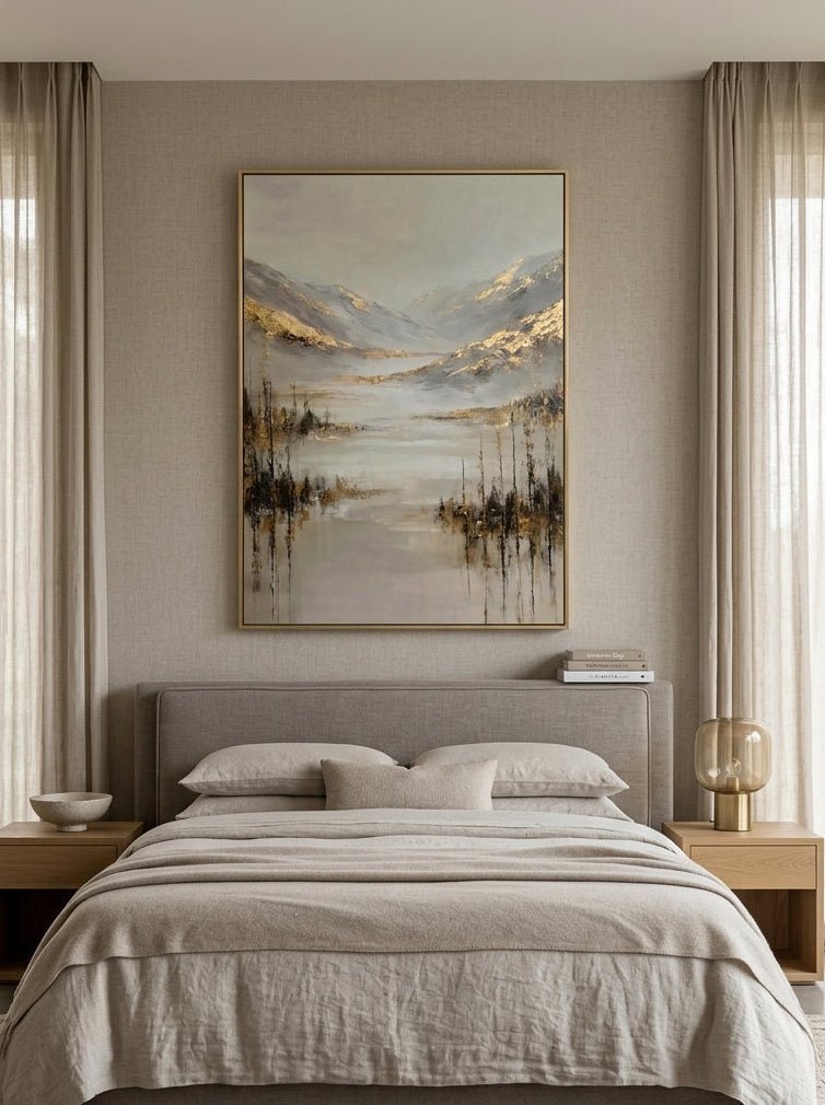 Calming misty lake and mountain textured artwork hanging above a minimalist bedroom wooden headboard