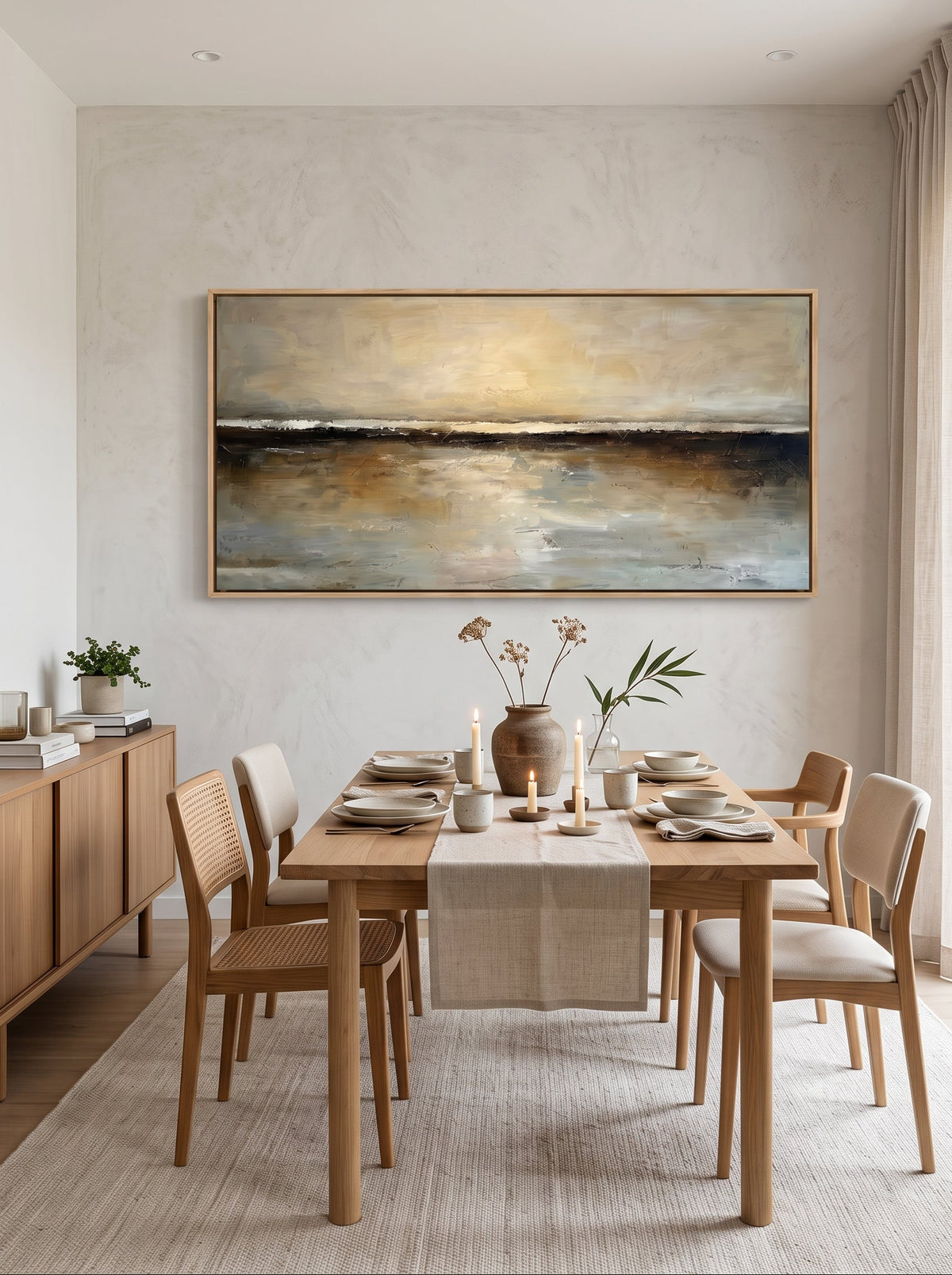 Framed panoramic coastal sunset artwork displayed in modern dining room with natural wood furniture