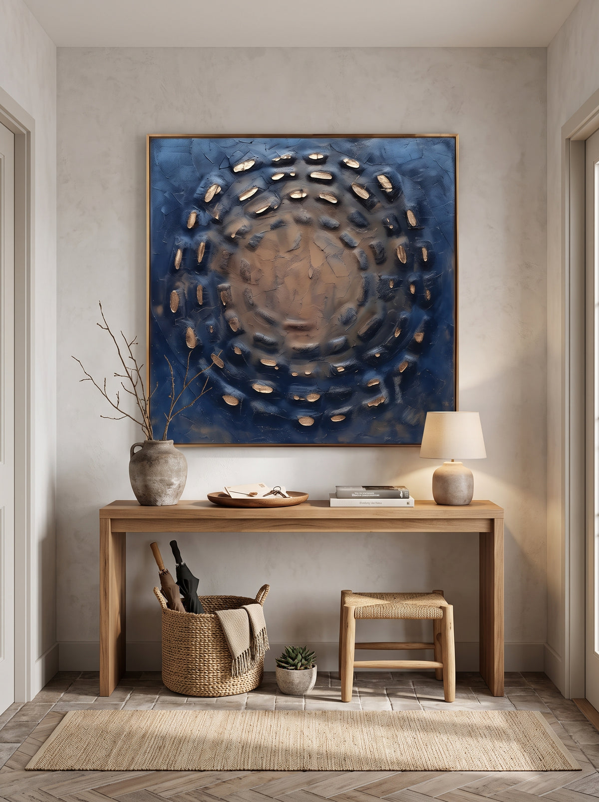 Earthy 3D circular impasto painting displayed above wooden console table in modern Japandi entryway