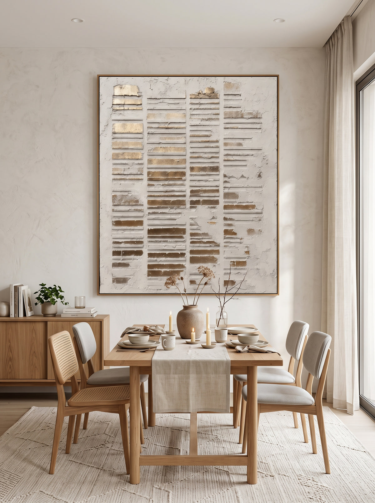 Framed vertical textured gold and off-white artwork mounted in modern dining room with natural wood accents