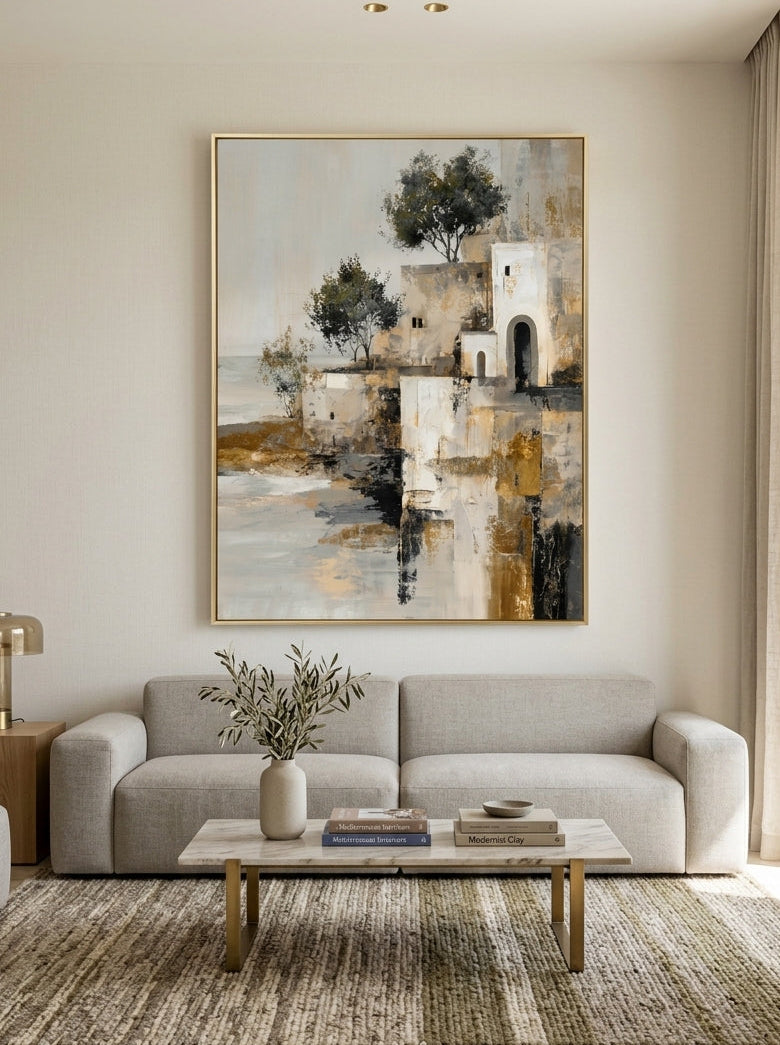Vertical textured architectural landscape painting displayed above a modern warm neutral living room sofa