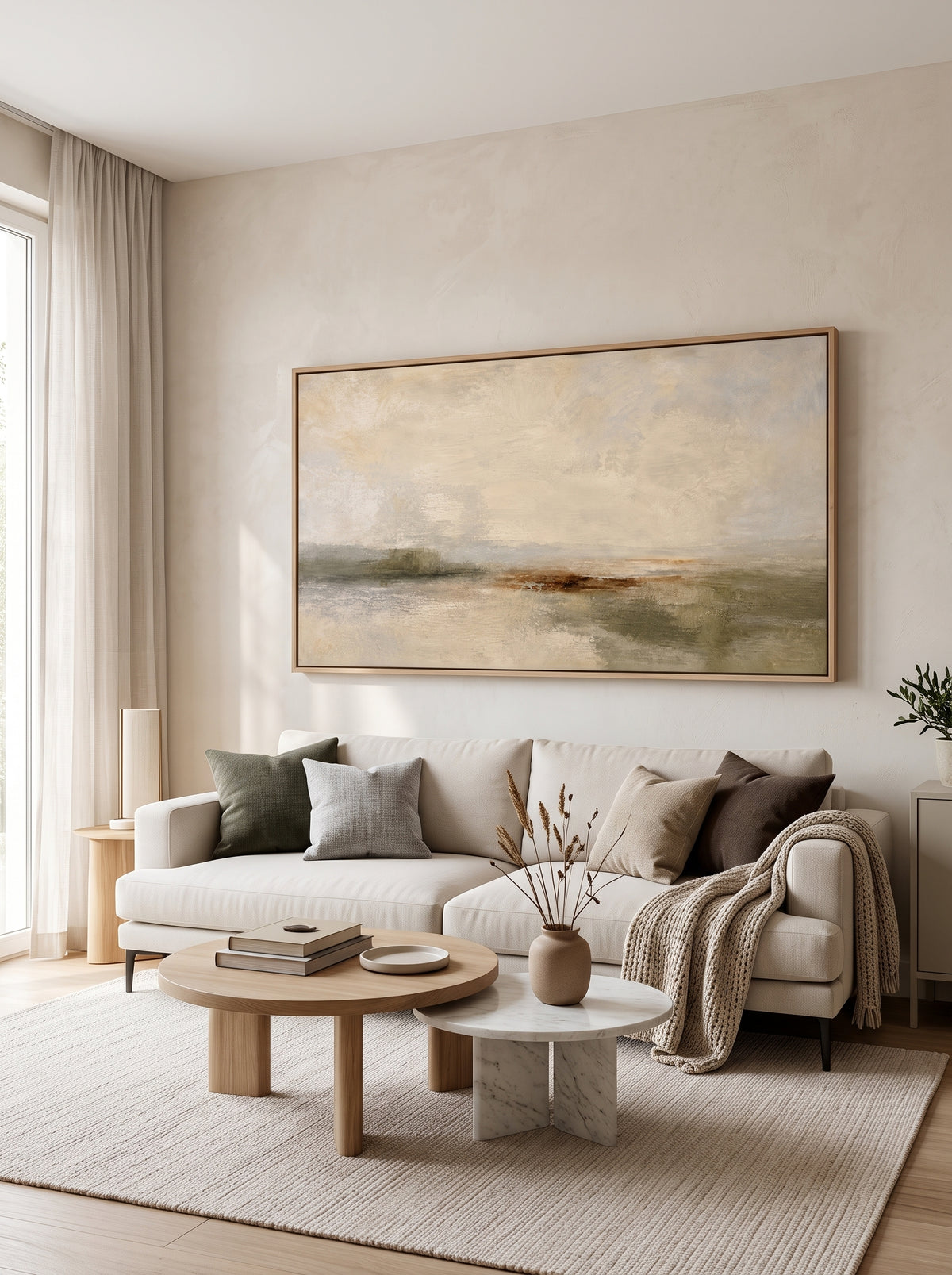Neutral Wabi-Sabi abstract landscape painting displayed above a sofa in a warm modern living room.