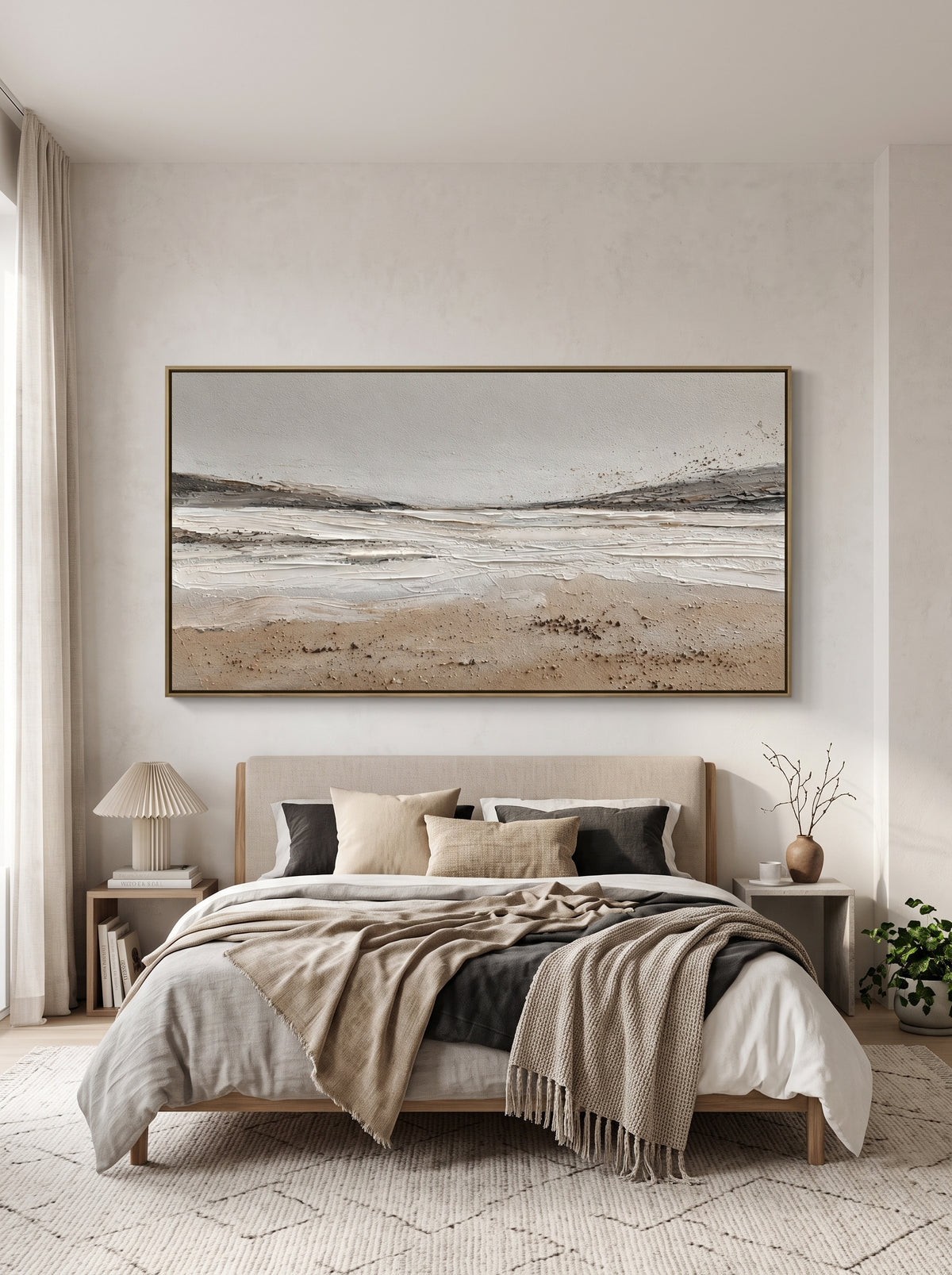 Calming neutral coastal beach horizon painting by Evelyn Li hanging above bed in serene wabi-sabi bedroom