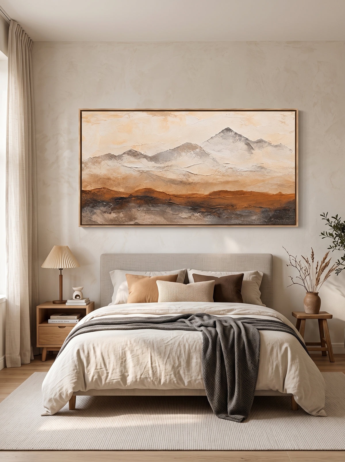 Wabi-Sabi mountain wall art in beige and earthy brown tones displayed above a bed in a calm modern bedroom.