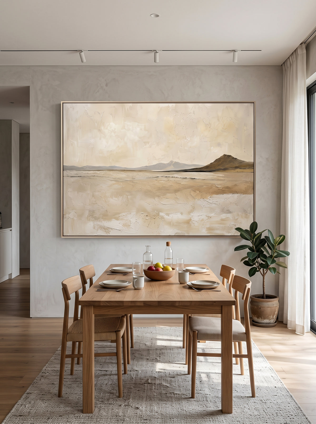Large horizontal textured oatmeal landscape canvas wall art displayed on a minimalist open-concept dining room wall