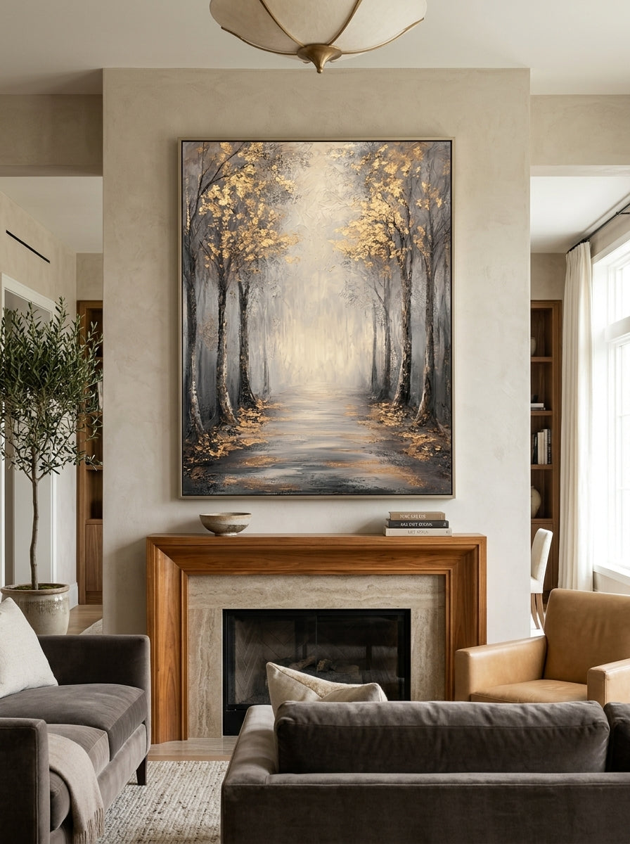 Vertical textured forest landscape painting with gold leaf foliage above a modern neutral sofa