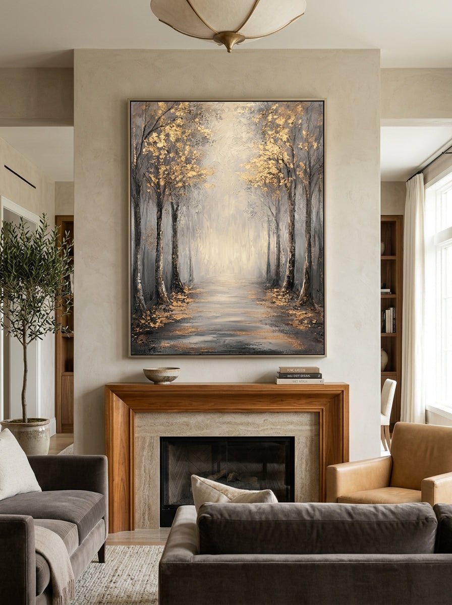 Vertical textured forest landscape painting with gold leaf foliage above a modern neutral sofa