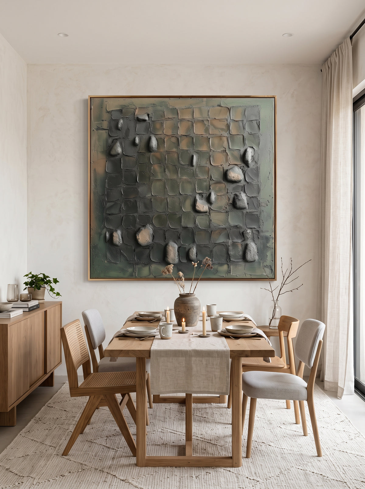 Framed textured moss green sculptural wall art displayed in open-concept dining room with natural wood table