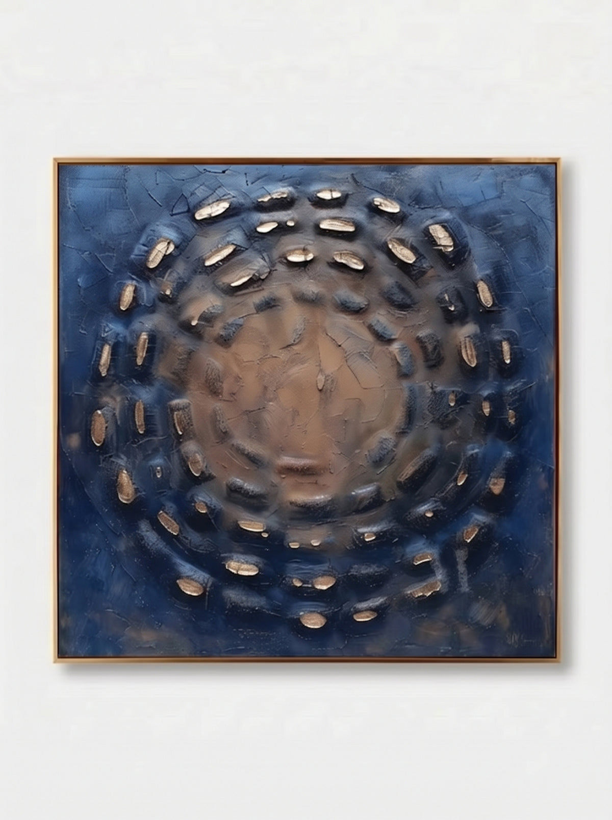 Textured square indigo blue concentric ripple relief painting on canvas by Eliot Vermeer - WABI Wall Art