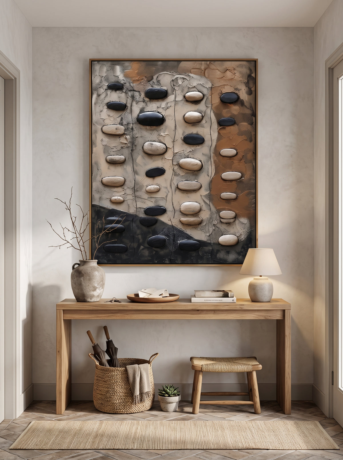 Sculptural neutral pebble relief canvas art hung above wooden console table in contemporary Japandi entryway