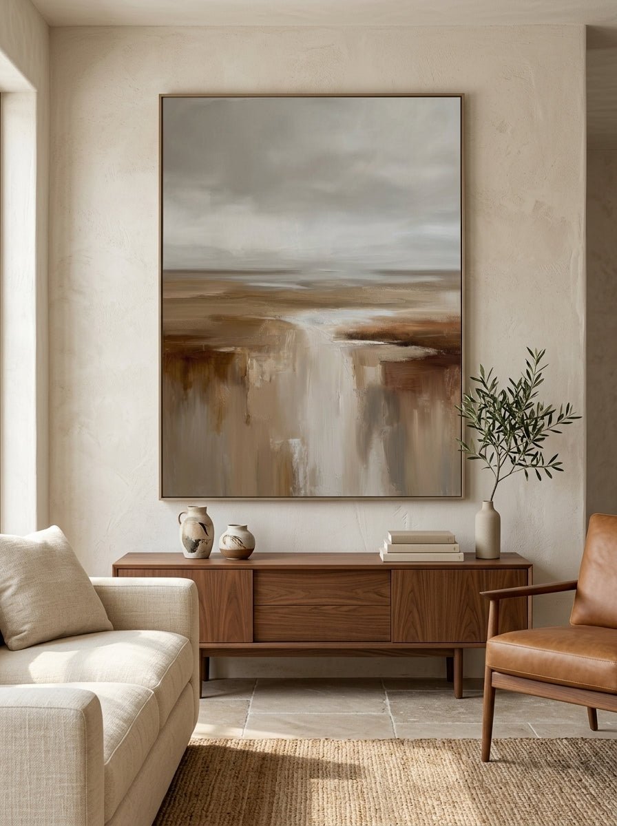 Vertical textured brown and beige abstract landscape painting mounted above a modern neutral sofa