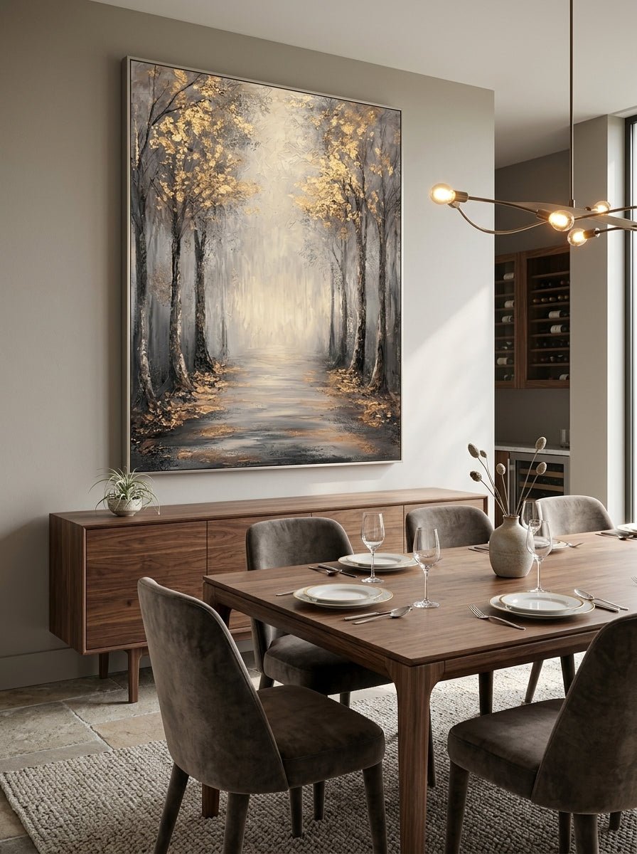Oversized vertical golden tree landscape canvas art displayed on an open-concept dining room wall