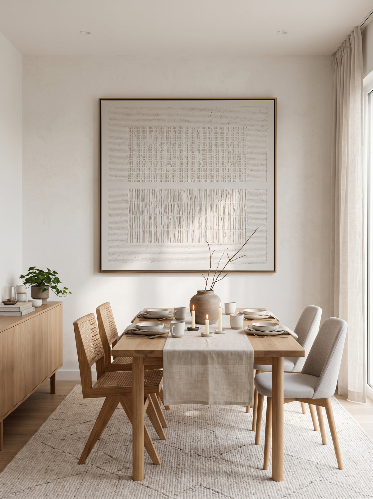 Framed off-white textured relief panel artwork displayed in bright open-concept dining room with wood table